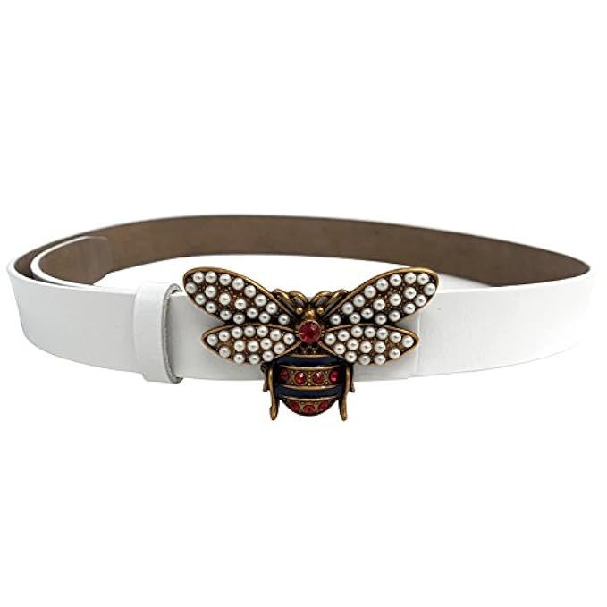 MoYoTo Women 1.10″ Thin Genuine Leather Fashion Bee Designer Buckle Belt With Pearl | Amazon (US)