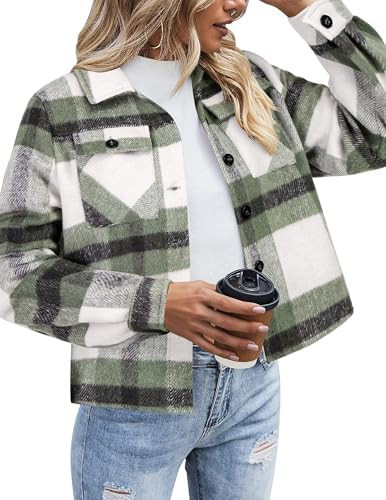 Zeagoo Flannels for Women Cropped Shacket Jacket Fashion Plaid Button Down Shirt 2026 Fall Coat T... | Amazon (US)