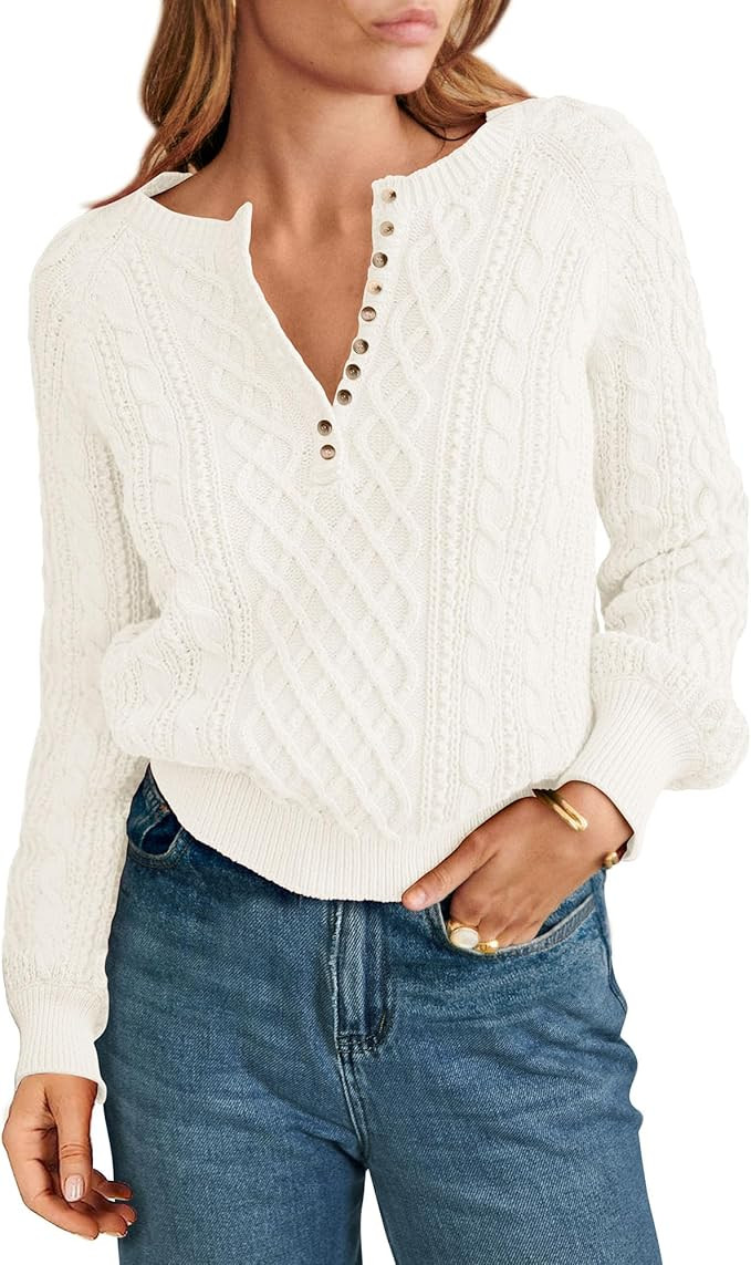 KIRUNDO Womens Sweaters 2023 Fall Cute Long Sleeve Button Crew Neck Cable Knit Cropped Sweater So... | Amazon (US)