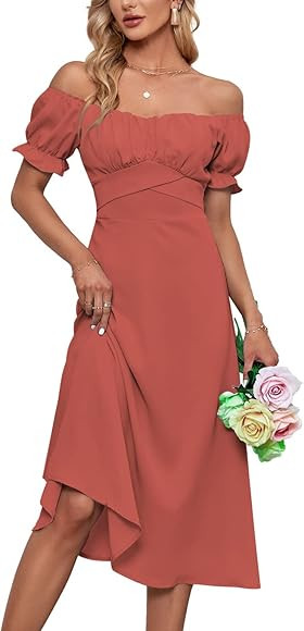 LYANER Women's Off Shoulder Wrap Ruffle Puff Short Sleeve Ruched Tie Back Dress | Amazon (US)