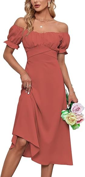 LYANER Women's Off Shoulder Wrap Ruffle Puff Short Sleeve Ruched Tie Back Dress | Amazon (US)