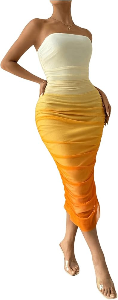 WDIRARA Women's Mesh Gradient Midi Dress Bandeau Ruched Slit Bodycon Dress Strapless Slim Tube Dr... | Amazon (US)