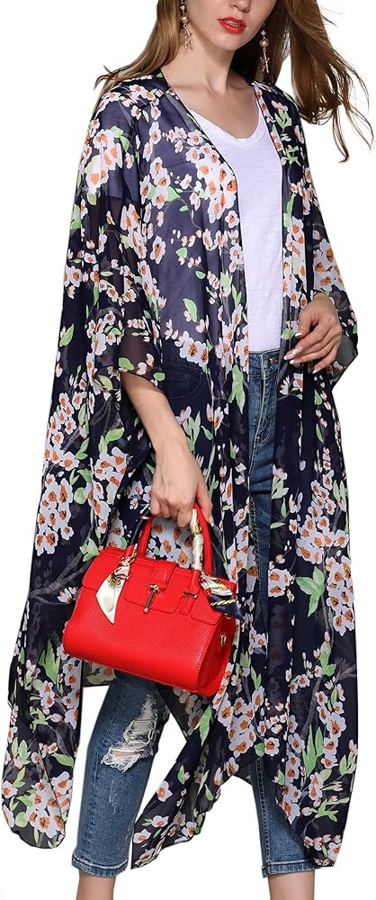 Women's Floral Kimono Cardigan Sheer Tops Loose Blouse Cover Ups | Amazon (US)