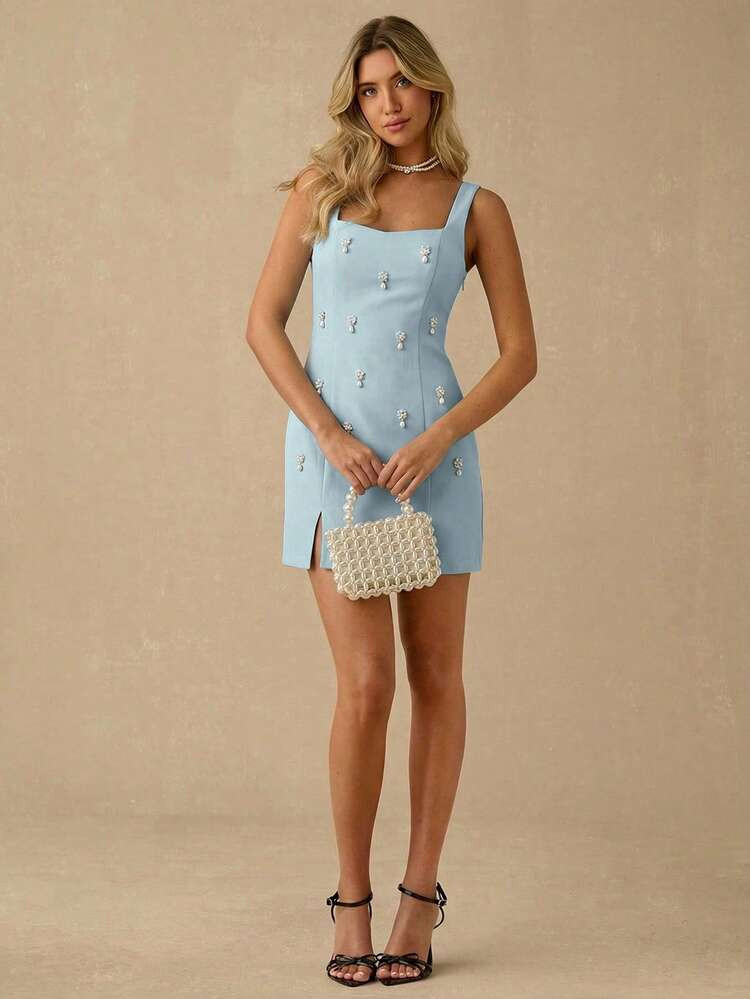 Spring/Summer Romantic Women's Elegant Blue Faux Pearl Decor Sweetheart Neck Sleeveless Fashion Mini Dress, Casual Outings, Elegant & Chic,Sweet For Vacation&Holiday&Going Out,Elegant Dress For Women | SHEIN