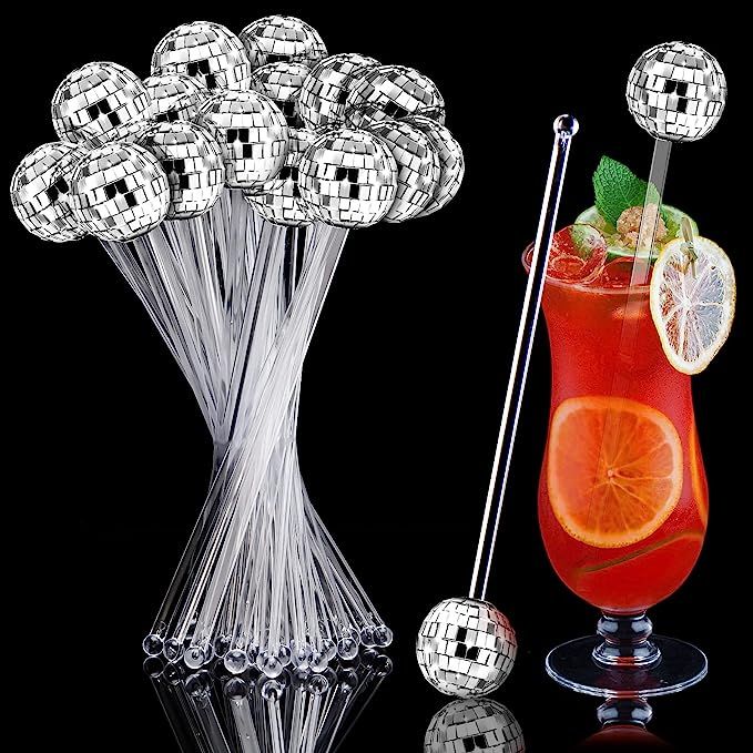 24 Pcs Disco Balls Cocktail Stirrers Plastic Round Top Swizzle Sticks Cake Pops Mirror Ball Coffe... | Amazon (US)