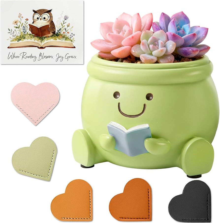 Book Lover Gift Set- Cute Reading Planter Pot with 5 Heart Leather Bookmarks & Quote Card, Cozy D... | Amazon (US)