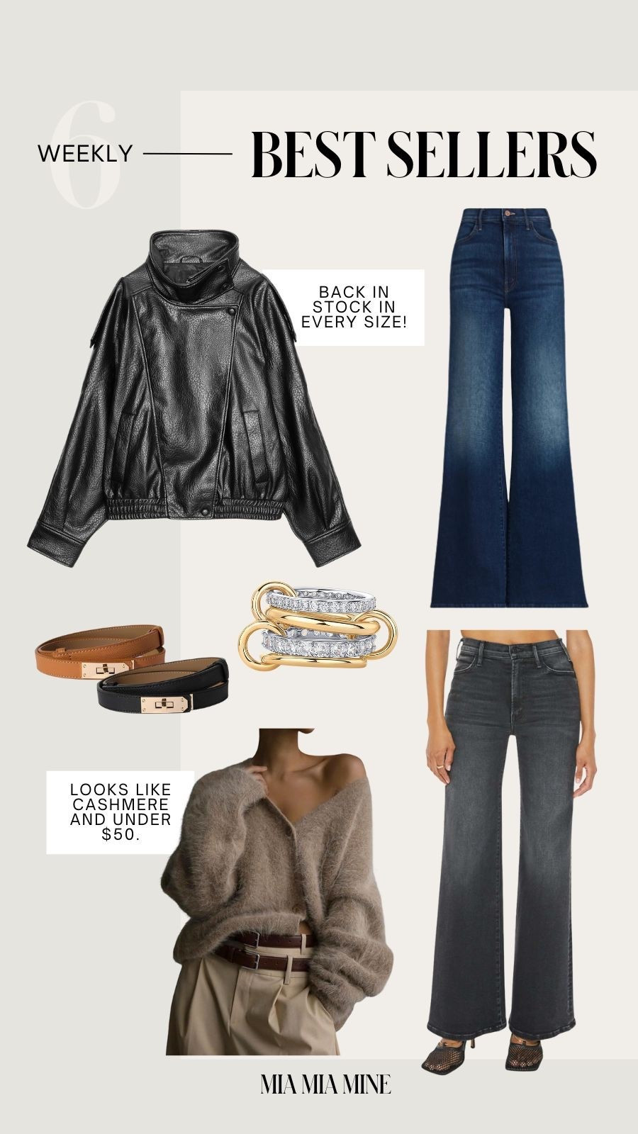 Weekly best sellers on #miamiamine
Mother black denim
Mother blue wide leg flared jeans
Zara funnel neck leather jacket
Amazon stack ring
Amazon Hermes belts
Amazon cardigan 

#LTKFindsUnder50 #LTKSeasonal #LTKFindsUnder100