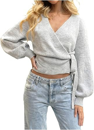 Milumia Women's V Neck Cinched Waist Wrap Sweater Cardigan Tops | Long Lantern Sleeve, Cropped, T... | Amazon (US)