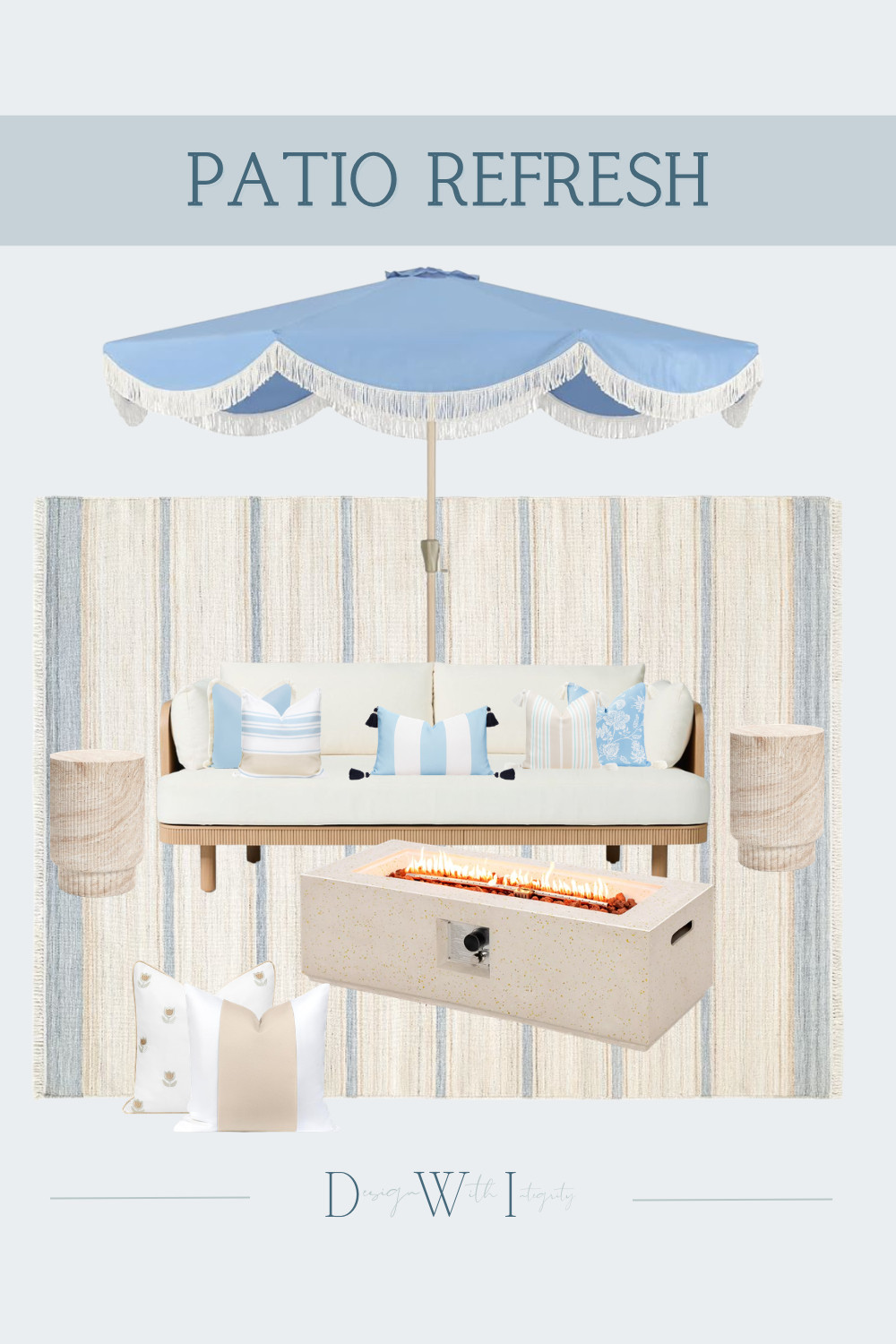 The best outdoor spaces invite you to slow down and stay awhile.

Designed with relaxed coastal elegance in mind, this patio refresh layers soft sky blue with crisp ivory, warm natural textures, and timeless silhouettes to create an outdoor retreat that feels both elevated and welcoming. A tailored outdoor sofa is paired with a fringed umbrella that instantly adds character, while sculptural stone side tables and a sleek rectangular fire table create balance between function and style.

The striped performance rug grounds the space with subtle texture, while thoughtfully layered accent pillows introduce a mix of bold stripes, delicate patterns, and clean neutrals for depth without overwhelming the palette. Every piece was chosen to create an atmosphere that feels bright, collected, and ready for everything from quiet mornings with coffee to evenings gathered around the fire.

If you're looking to give your patio a fresh new look, this combination of comfortable seating, layered textiles, and timeless outdoor pieces is easy to recreate in your own backyard.

Shop the Look on LTK to explore every piece featured in this curated patio design.

This space began as one of my digital mood board concepts and was later transformed into an AI generated visualization to help homeowners see how carefully sourced products work together in a realistic outdoor setting. 

 #OutdoorLiving #PatioDecor #LTKHome #LTKHome