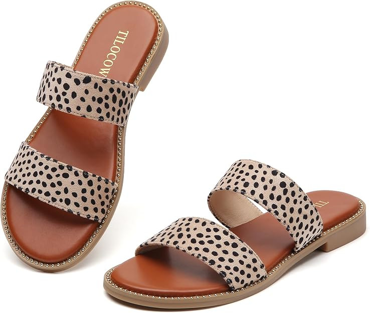 Tilocow Women's Summer Dressy Flat Sandals with Rivet Trim | Studded Slides, Lightweight Double S... | Amazon (US)