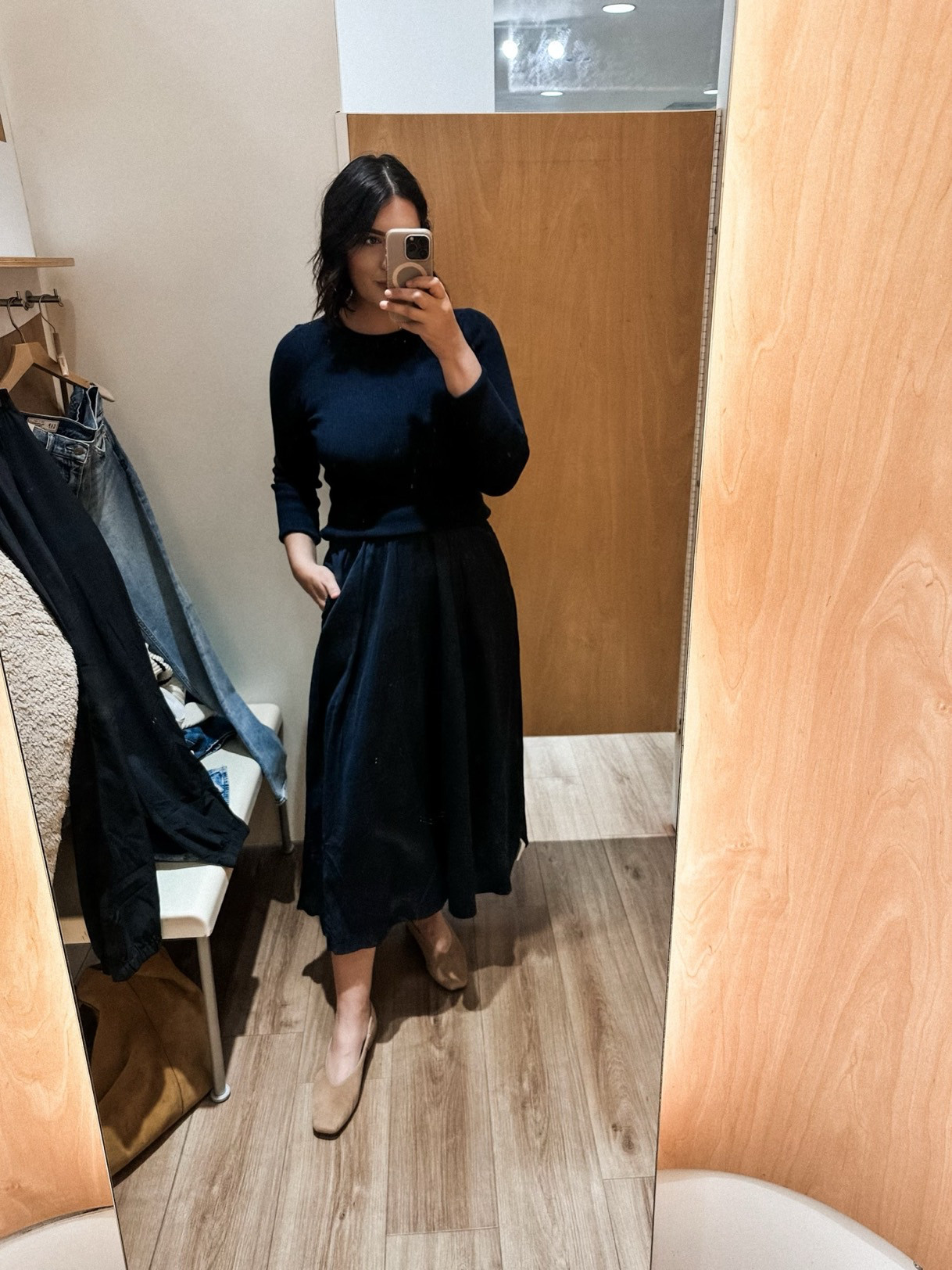 This is a great dress for Thanksgiving or family photos. It is a stretchy sweater top and a layered cotton skirt that are sewn together. Now it is shown as a drop waist and maybe on someone else it is, but I really liked it when I pulled the waist up and made the sweater look like the skirt is kind of ‘tucked’ under it. It’s so comfortable and if you wear it this way, it’s quite flattering / easy to wear.  Just my two styling cents!

I tried both the medium and large but felt most comfortable in the large. I do think it runs TTS, but I wanted more wiggle room in the chest. 

family photo mom outfit ideas 

 #LTKFindsUnder100