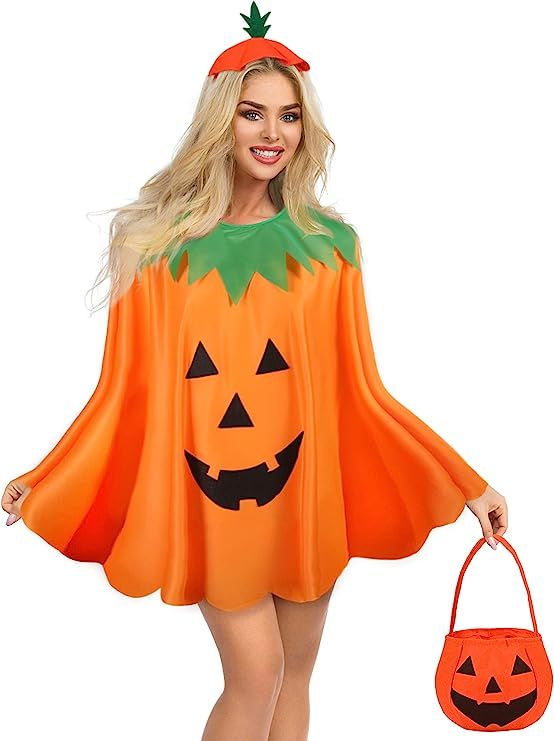 Amazon.com: Adult Halloween Pumpkin Costume Set Pumpkin Cloak Poncho with Candy Bag Hat Pumpkin H... | Amazon (US)