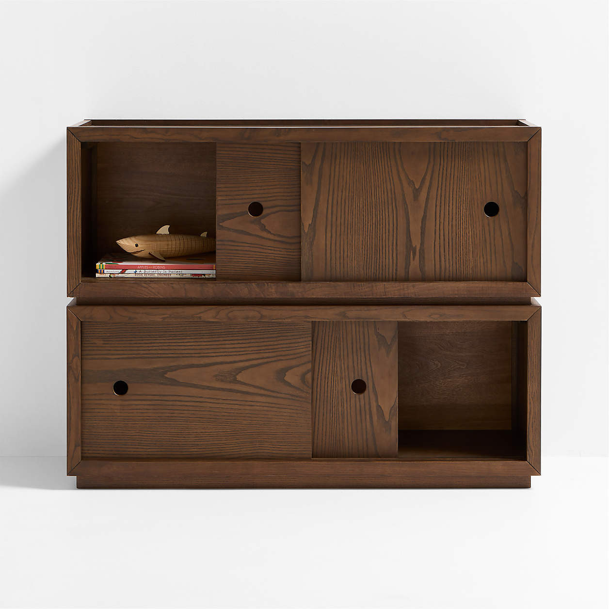Cade 40" Set of 2 Deep Brown Wood Stackable Sliding Door Cube Bookcase + Reviews | Crate & Kids | Crate & Barrel