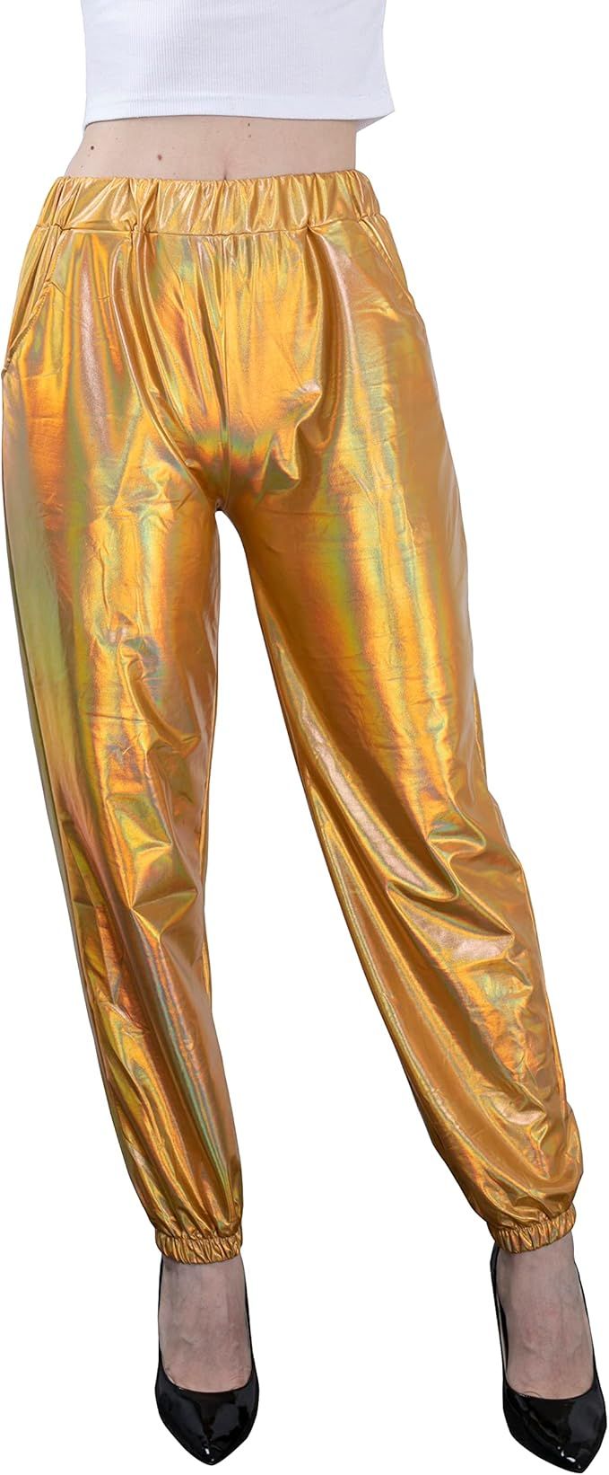 NewL Women's Metallic Shiny Jogger Casual Holographic Color Streetwear Pants Hip Hop Fashion Smoo... | Amazon (US)
