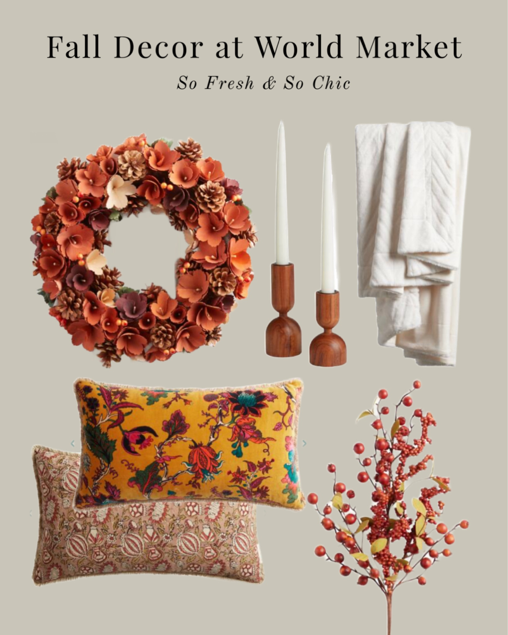 New Fall decor at World Market!
-
Fall throw pillows - golden velvet lumbar pillow - block print throw pillow - red and orange wreath - wood candlesticks - red faux berries - faux stems - white and gold pumpkins - minimalist Fall decor 

#LTKSeasonal #LTKunder100 #LTKhome