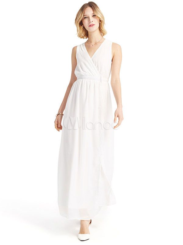 White Dress Sleeveless V-neck Long Chiffon Dress | Milanoo