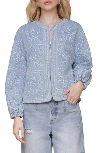 Avec Les Filles Floral Embroidered Crop Barn Jacket in Light Vintage Wash at Nordstrom Rack, Size X-Small | Nordstrom Rack
