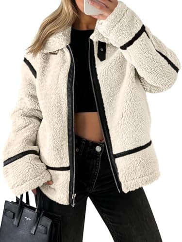Tankaneo Womens Faux Fur Jackets Winter Trendy Sherpa Moto Leather Patchwork Zip Up Coat | Amazon (US)