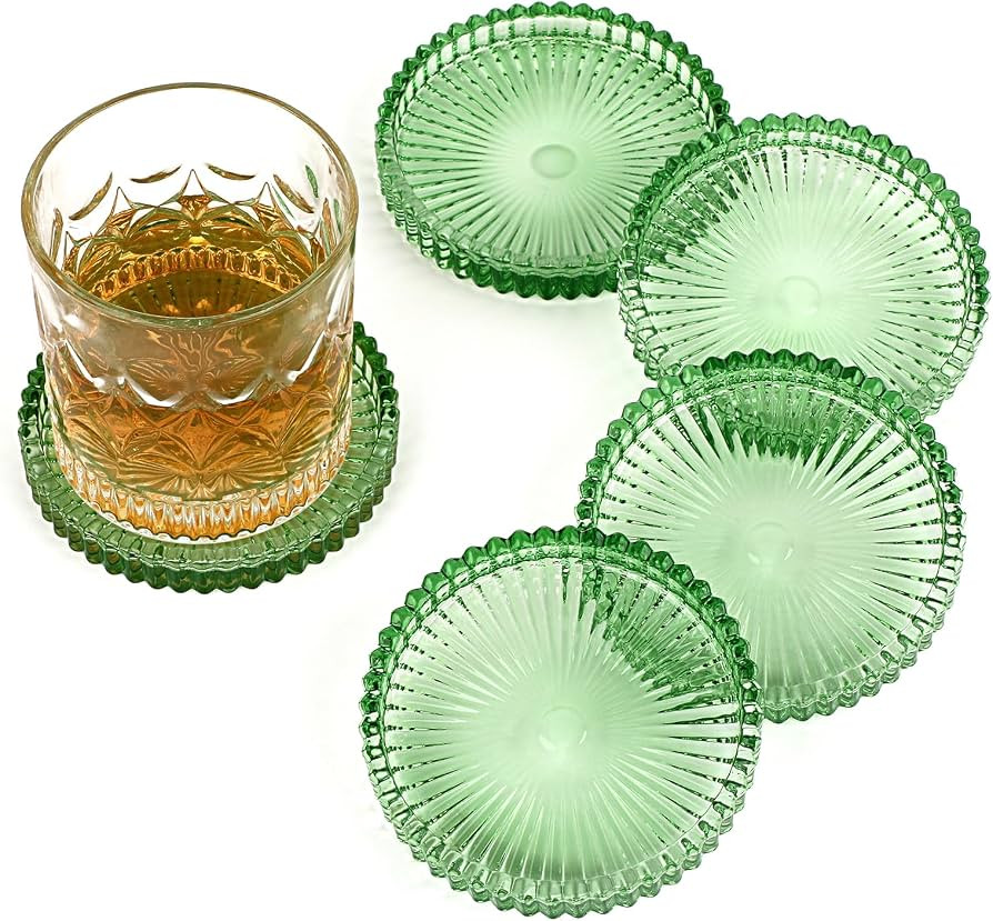 Modern Clear Coaster Set of 5- Glass Coasters for Drinks, Clear Green | Amazon (US)