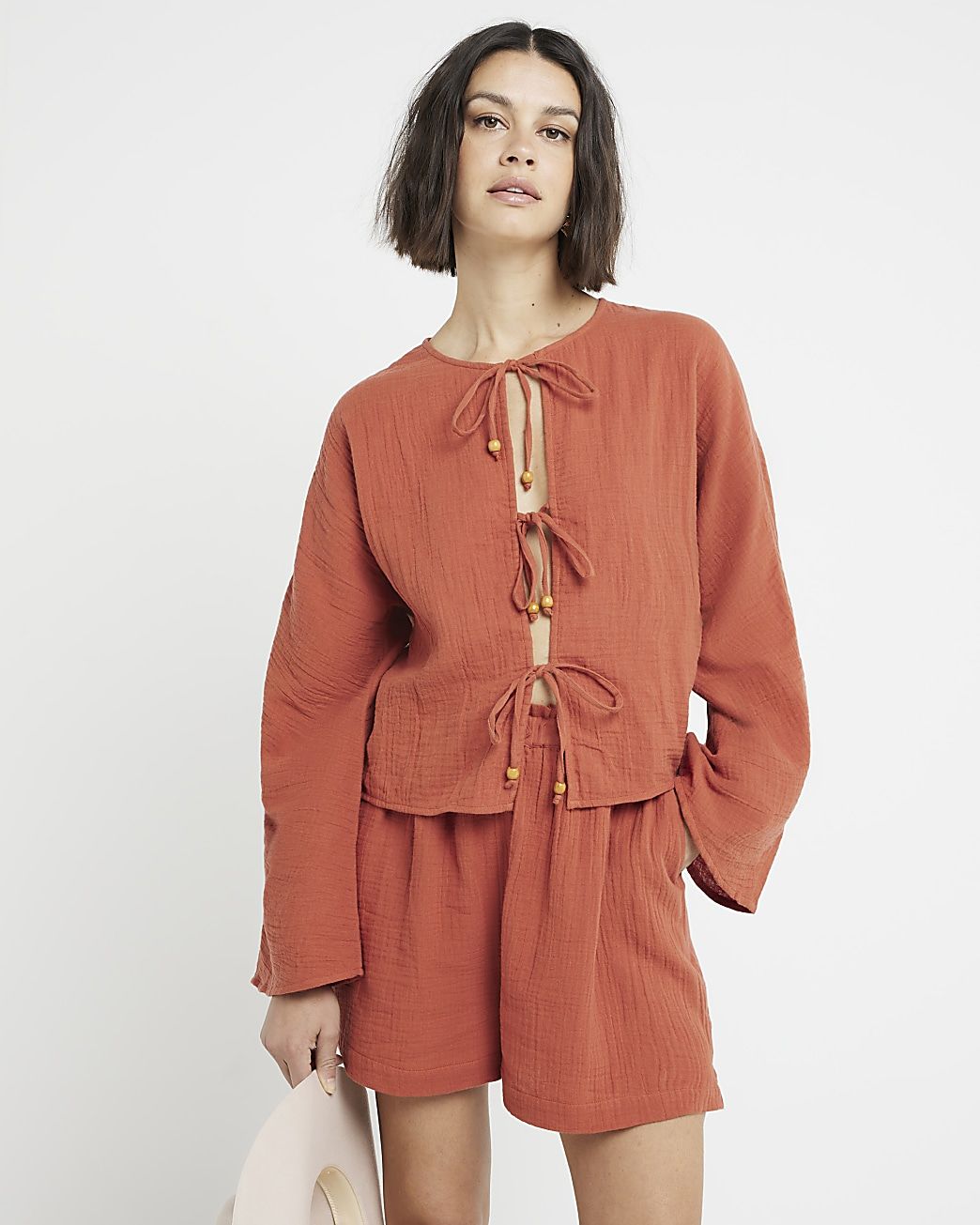 Rust textured tie front top | River Island (UK & IE)