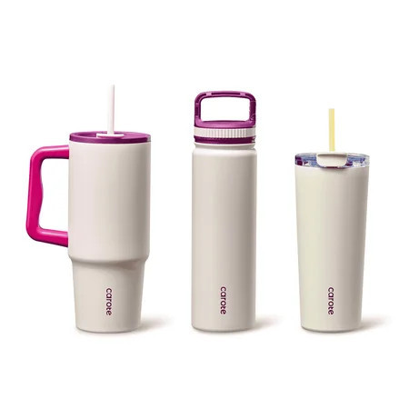 Carote 3pcs Cupholder-Friendly Insulated Stainless Steel Water Bottle and Tumbler Set with Handles and Straw, 34 fl oz and 24 fl oz, Pink | Walmart (US)