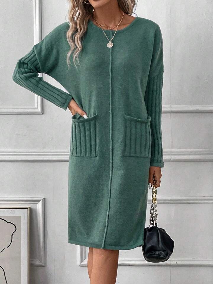 SHEIN LUNE Dual Pocket Drop Shoulder Seam Detail Sweater Dress | SHEIN