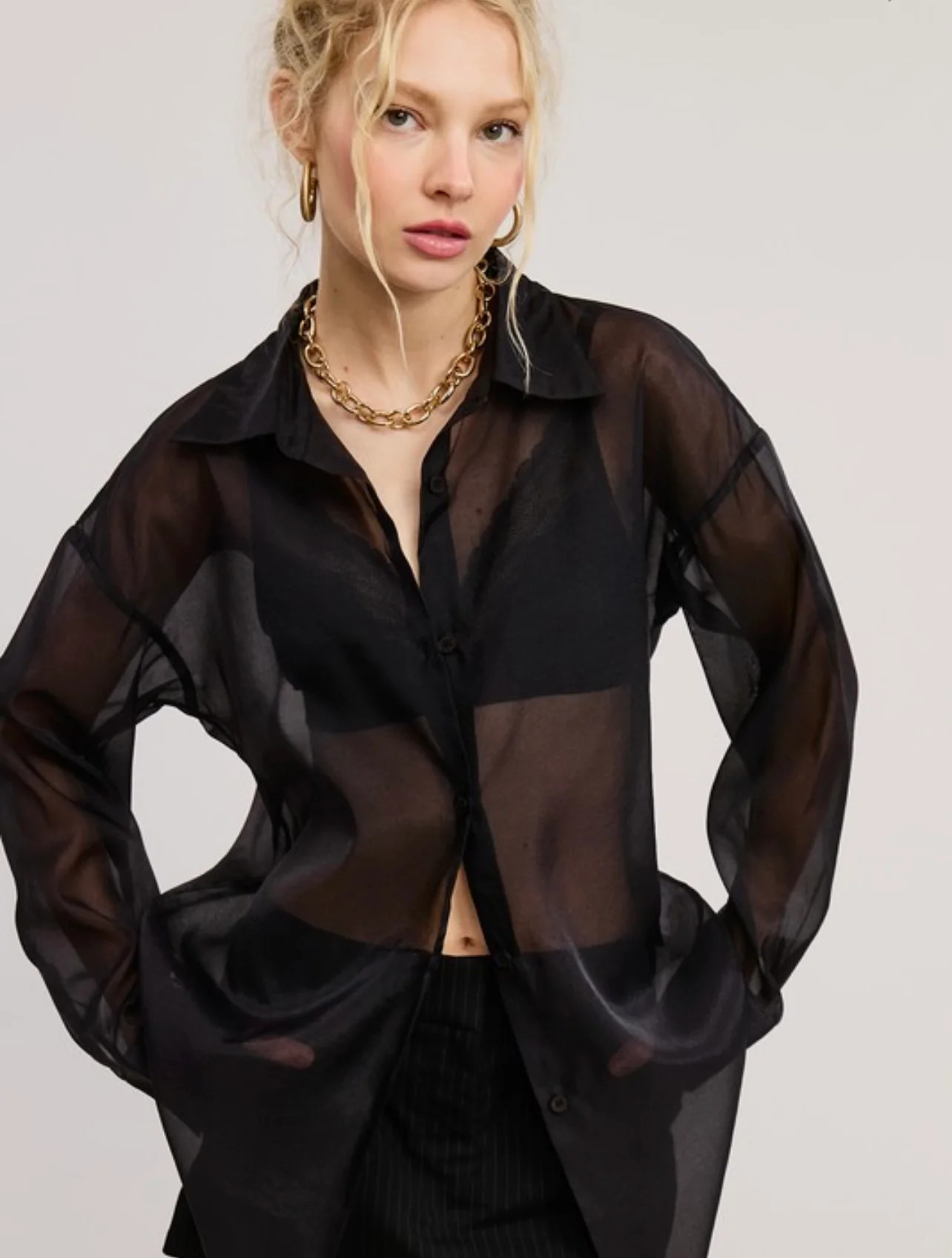 Dress to Impress Sheer Button Down Top  - Black S | Statement Boutique