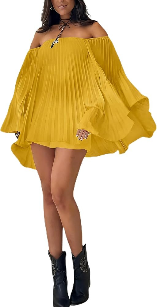 Ophestin Women's 2 Piece Pleated Outfits Off Shoulder Oversized 3/4 Cape Sleeve Shirt Shorts Set ... | Amazon (US)