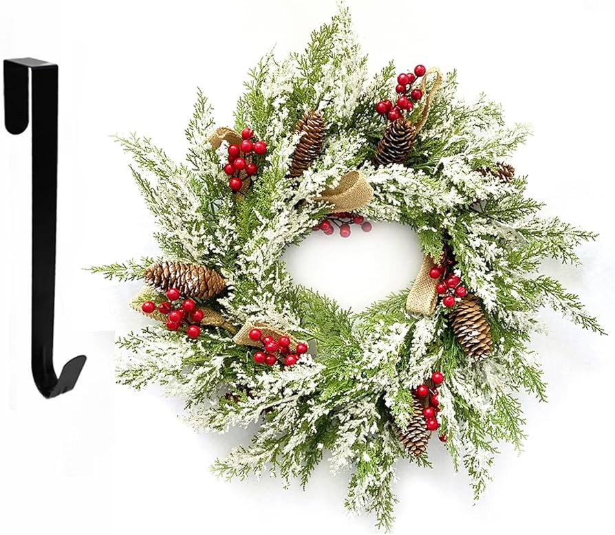 Artificial Christmas Wreath with Hanger for Front Door with Pine Cone, Red Berries, Burlap Ribbon... | Amazon (US)