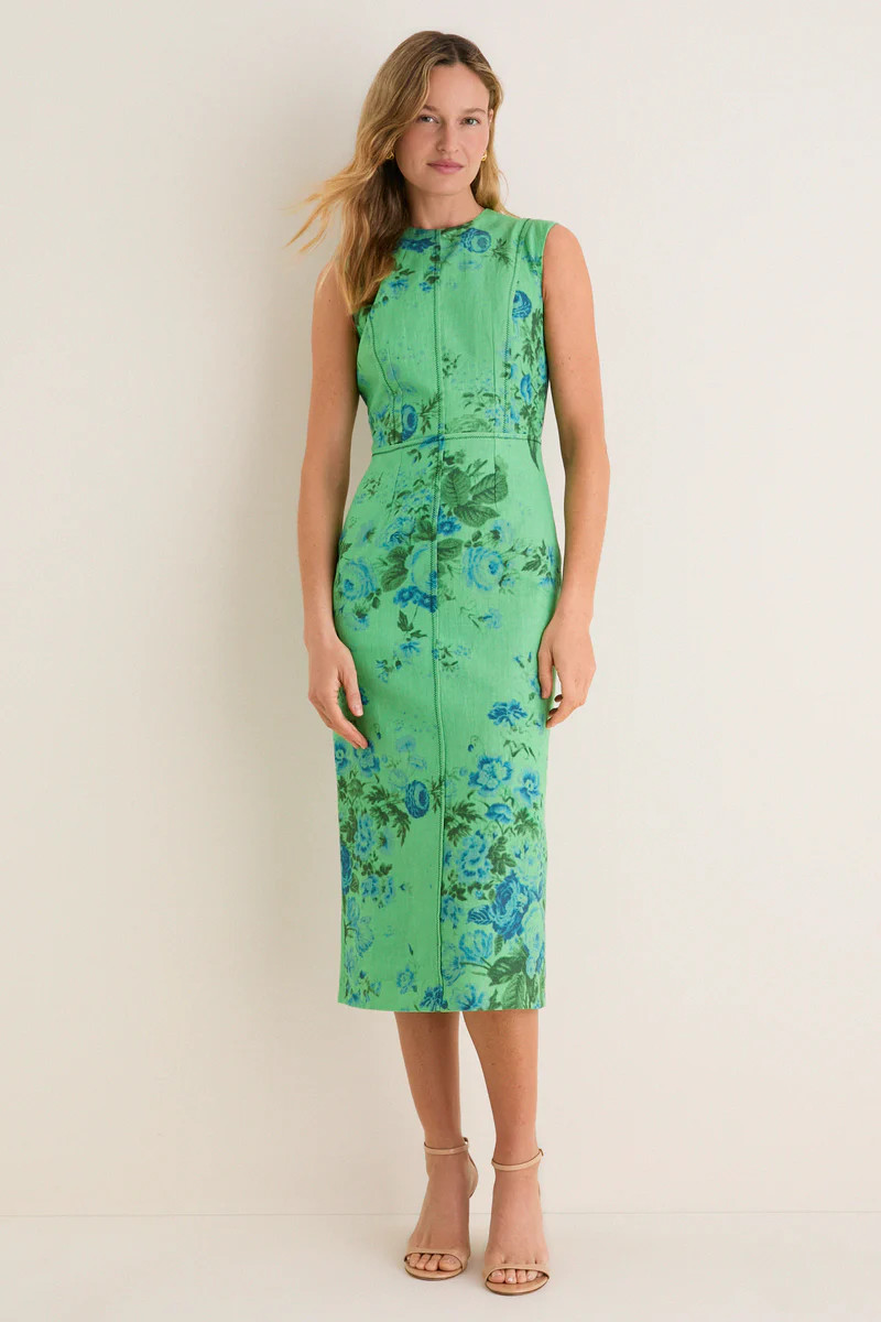 Rose Bouquet Sea Green Floral Print Linen Pencil Midi Dress | Tuckernuck (US)