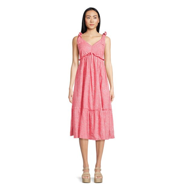 Time and Tru Women's V-Neck Tie Strap Midi Dress | Walmart (US)