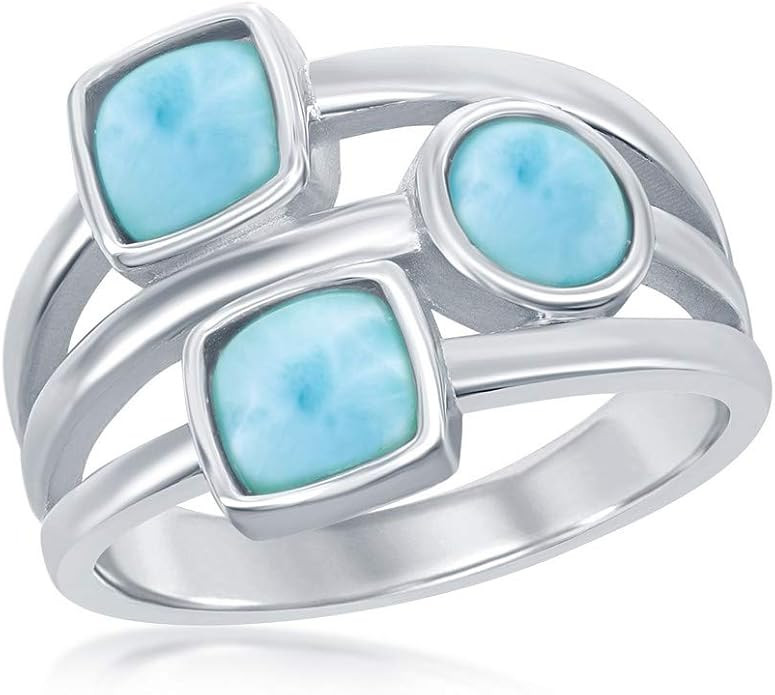925 Sterling Silver Hawaii Natural Larimar Gemstone Multi-shaped High Polished Triple Band Ring | Amazon (US)