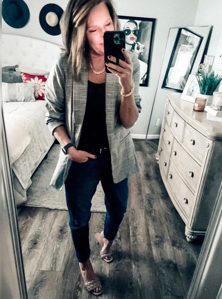 Casual blazer outfit with girlfriend jeans from Banana Republic Factory. Black tank, plaid blazer, heels, gold chain and bracelet set from Amazon. All items fits tts

Casual business, casual workwear, dinner outfit, blazer outfit, sale, jeans, amazon finds, accessories, fashion over 40

#LTKstyletip #LTKunder50 #LTKsalealert