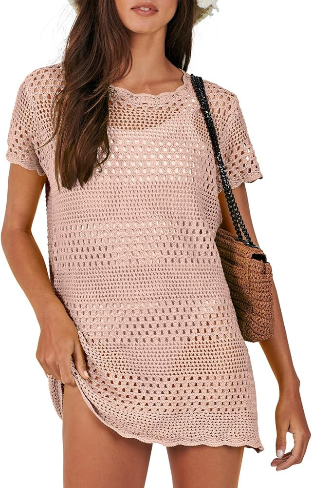 ANRABESS Women Swimsuit Crochet Swim Cover Up Summer Bathing Suit Swimwear Knit Short Sleeve Pull... | Amazon (US)