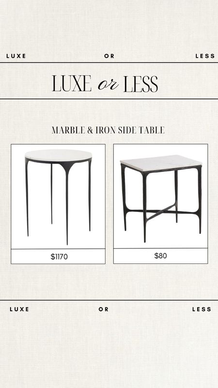 Luxe or Less: Marble & Iron Side Table!

Gorgeous on either budget!

marble side table, marble accent table, affordable side table, budget friendly home finds, luxury furniture, iron side table, modern rustic furniture, modern rustic side table

#LTKfindsunder100 #LTKhome