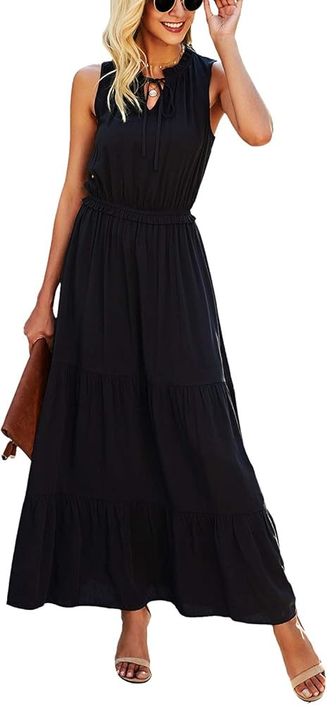 KIRUNDO 2021 Summer Women’s Sleeveless Maxi Dress Solid Color Round Neck Tie Neck Dress High Wa... | Amazon (US)