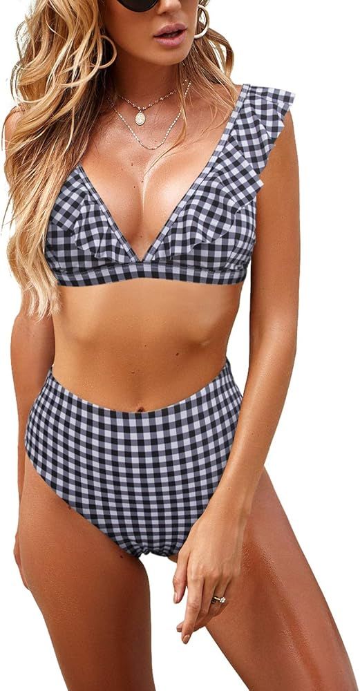 Womens High Waisted Bikini Set Two Piece Swimsuit Ruffle Flounce Triangle Bathing Suit | Amazon (US)
