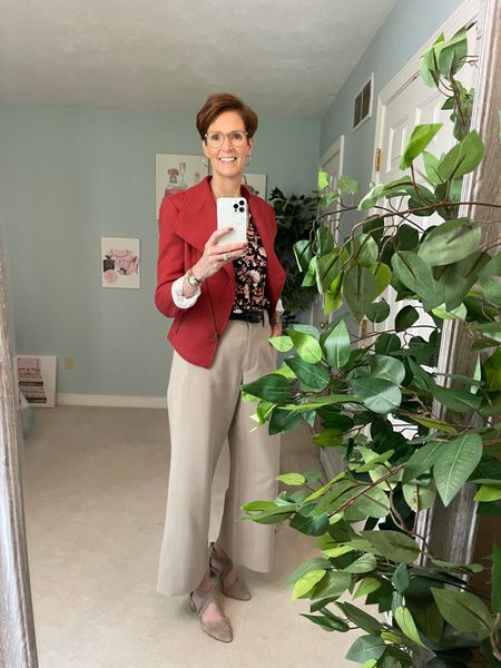 Transition to fall and back to the office in the Gibsonlook floral blouse paired with the Gibsonlook knit moto jacket and khaki pants and taupe shoes.

#LTKworkwear #LTKover40 #LTKstyletip