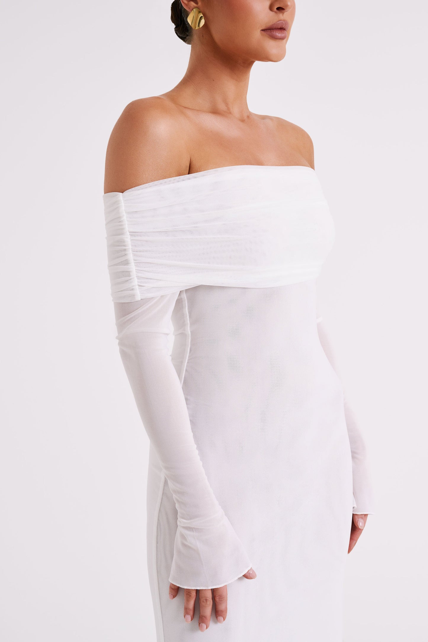 Josie Off Shoulder Mesh Maxi Dress - Ivory | MESHKI US