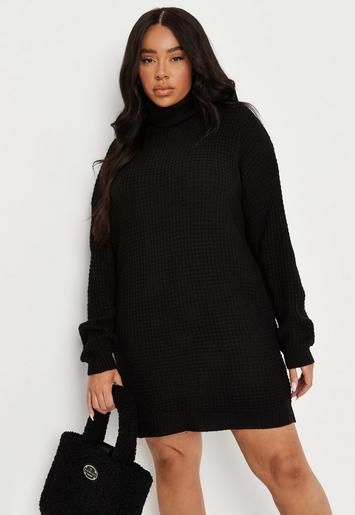 Plus Size Black Waffle Roll Neck Sweater Dress | Missguided (US & CA)