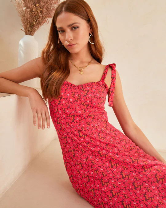 Riko Floral Shoulder Tie Midi Dress | VICI