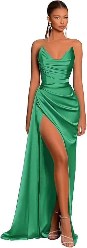 Women's Strapless Satin Mermaid Prom Dresses with Slit Pleated Long Formal Evening Gowns | Amazon (US)