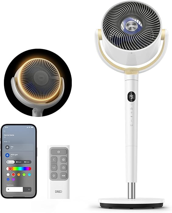 DREO Smart Fan for Bedroom, 120° +120° Omni-Directional Oscillating Fans, 100ft Quiet Pedestal Fan with RGB Light, 9 Speeds, 6 Modes, 20dB, 8H Timer, Wi-Fi/Voice/Alexa, 35-40" Floor Fans with Remote | Amazon (US)
