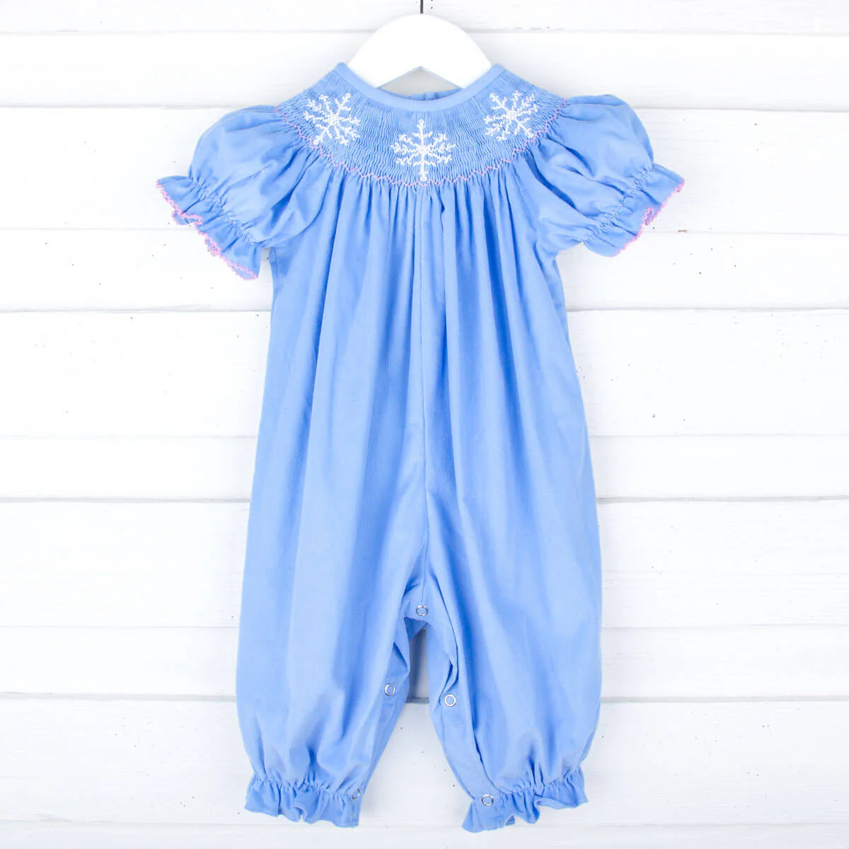 Snowflake Smocked Blue Corduroy Bishop Long Bubble | Classic Whimsy