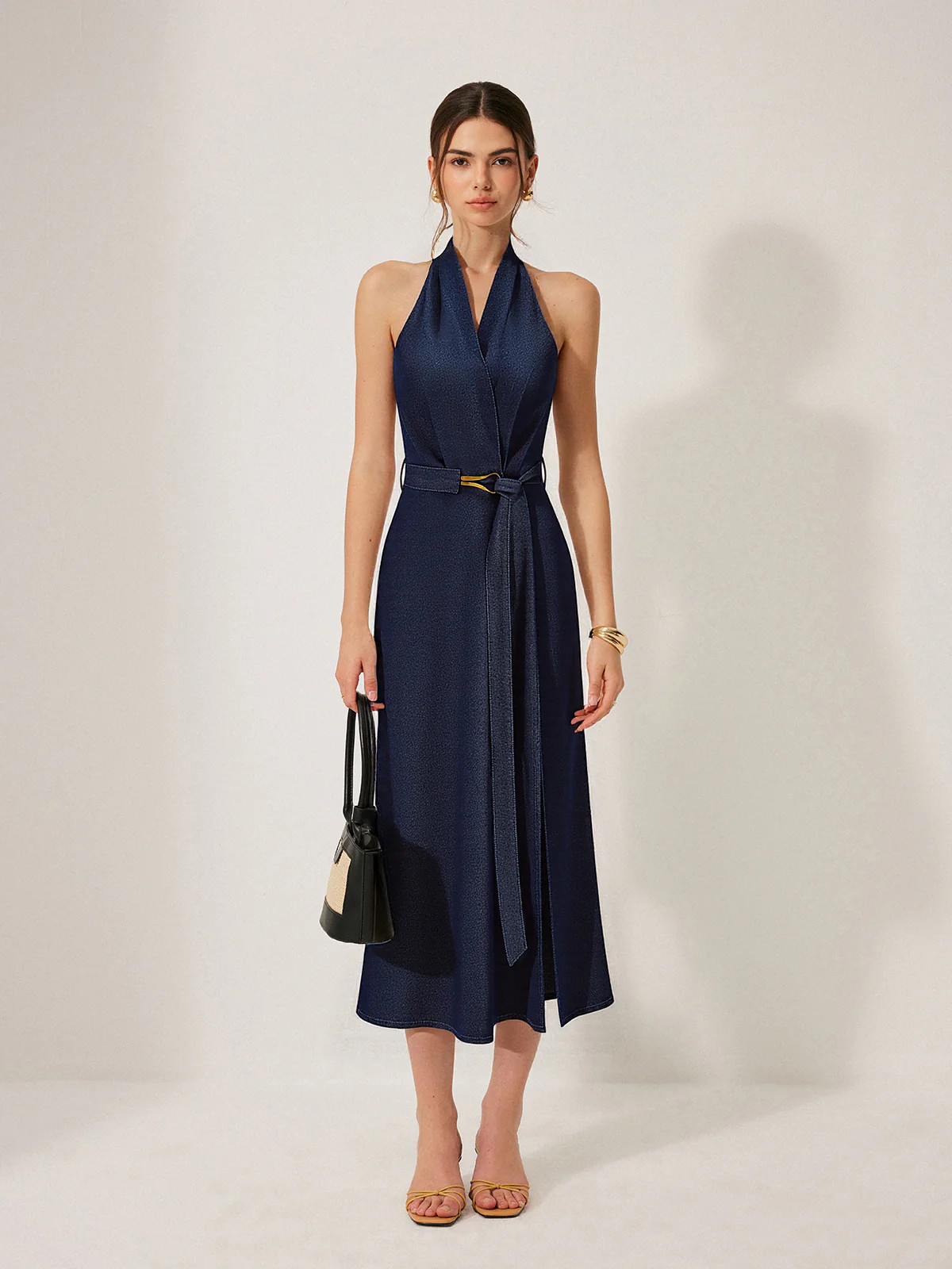 Denim Belted Halter Neck Midi Dress | Commense