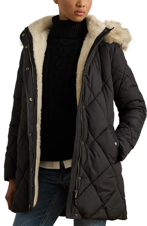 Lauren Ralph Lauren Faux Fur Trim Hooded Puffer Jacket in Black at Nordstrom, Size X-Large | Nordstrom