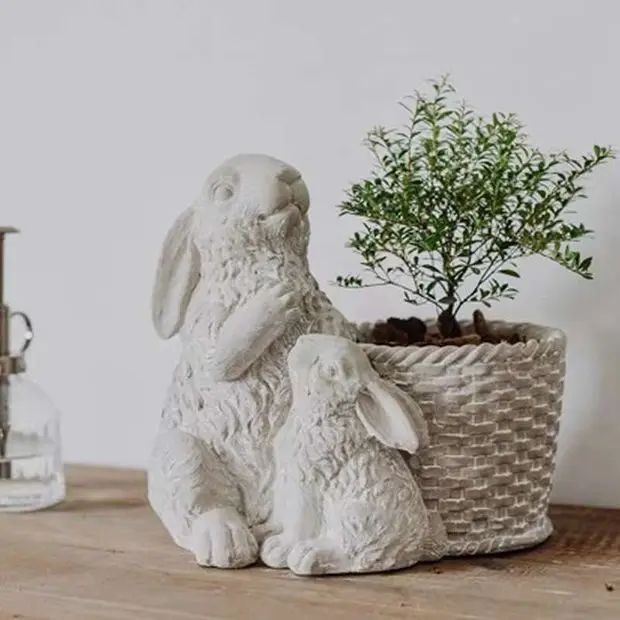 Rabbits with Basket Cement Planter | Antique Farm House