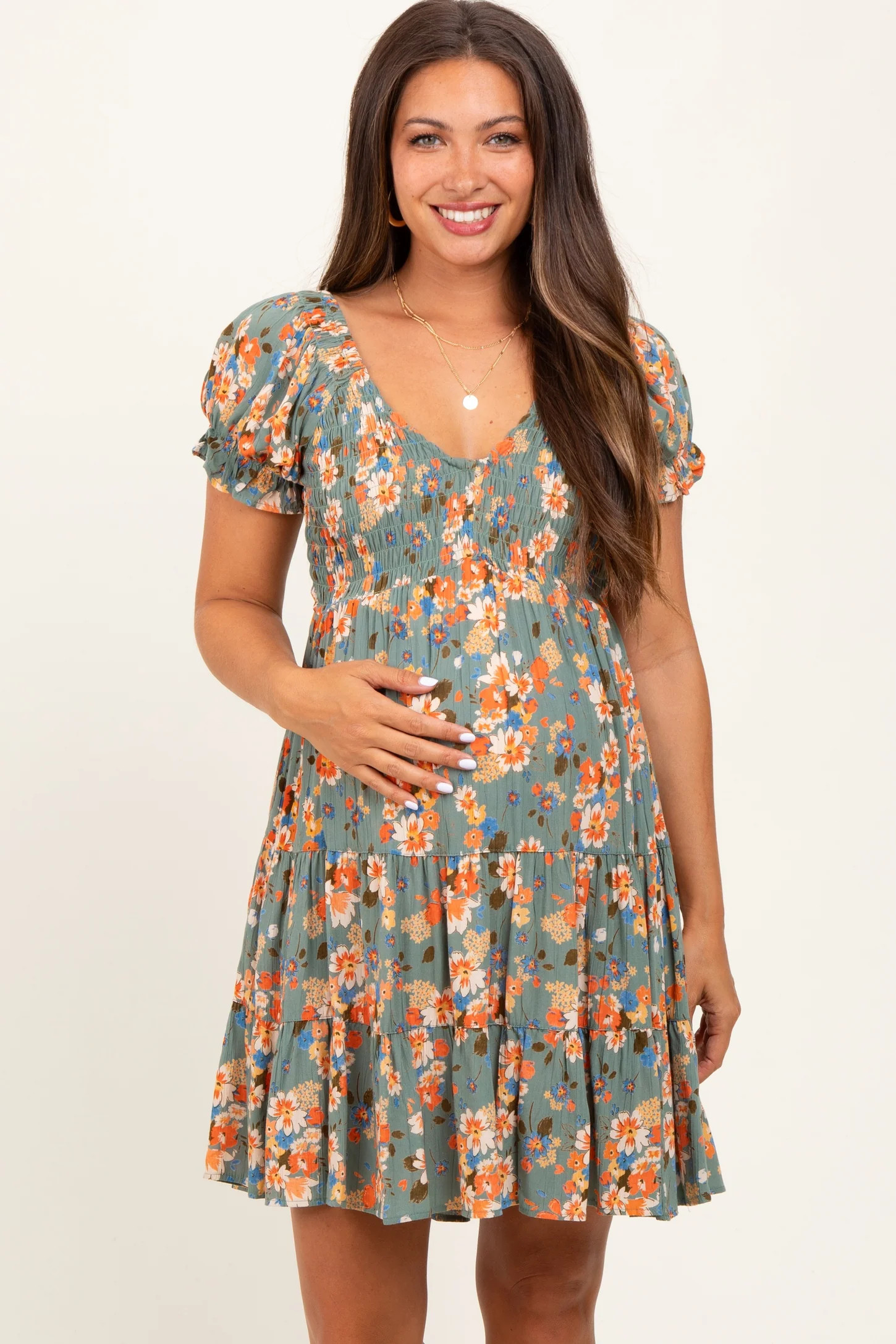 Olive Floral Smocked V-Neck Puff Sleeve Maternity Dress | PinkBlush Maternity
