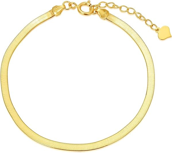18K Solid Gold Herringbone Chain Bracelet for Women, 2.4mm Gold Italian Herringbone Link Chain Je... | Amazon (US)