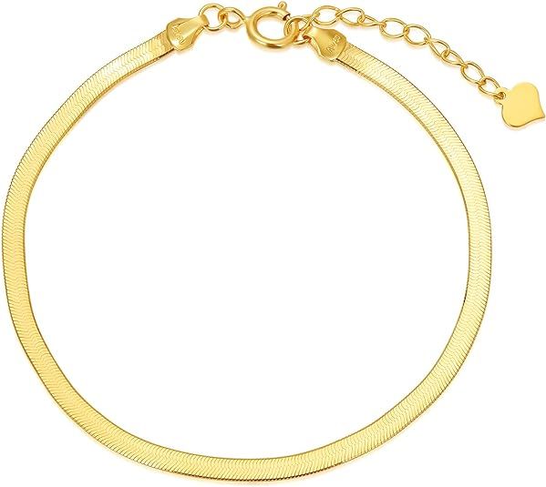 18K Solid Gold Herringbone Chain Bracelet for Women, 2.4mm Gold Italian Herringbone Link Chain Je... | Amazon (US)